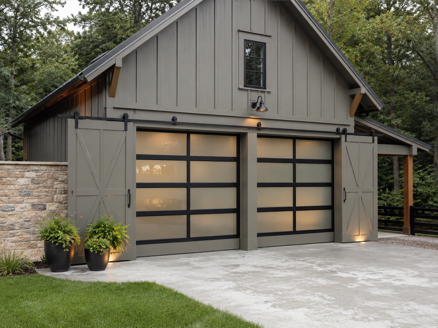 Modern-luxury full-view glass garage door on an executive Walnut Creek home near Downtown Walnut Creek and Broadway Plaza